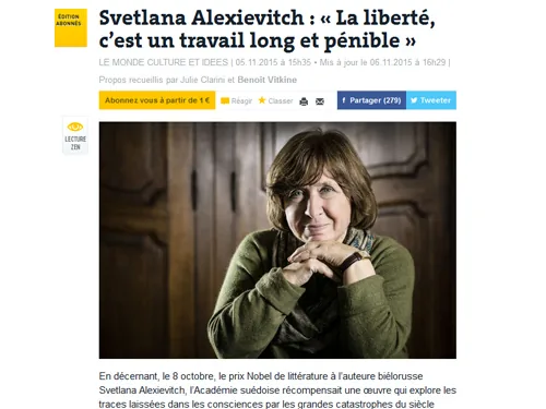 "Свобода - довга і важка робота"- Світлана Алексієвич, - Le Monde