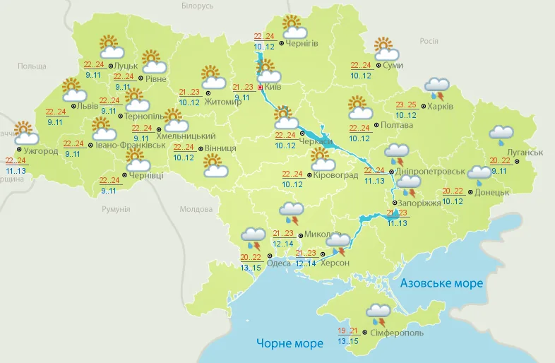 На востоке и юге Украины ожидаются дожди с грозами, температура до +25 - погода на сегодня