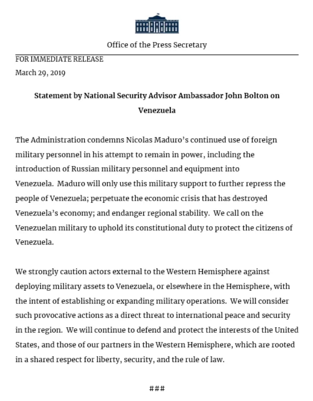 Болтон - США вважатимуть російські війська у Венесуелі загрозою власній безпеці